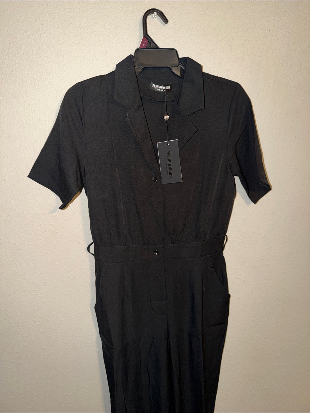 Fashion Union Black Short-Sleeve Straight-Leg Jumpsuit